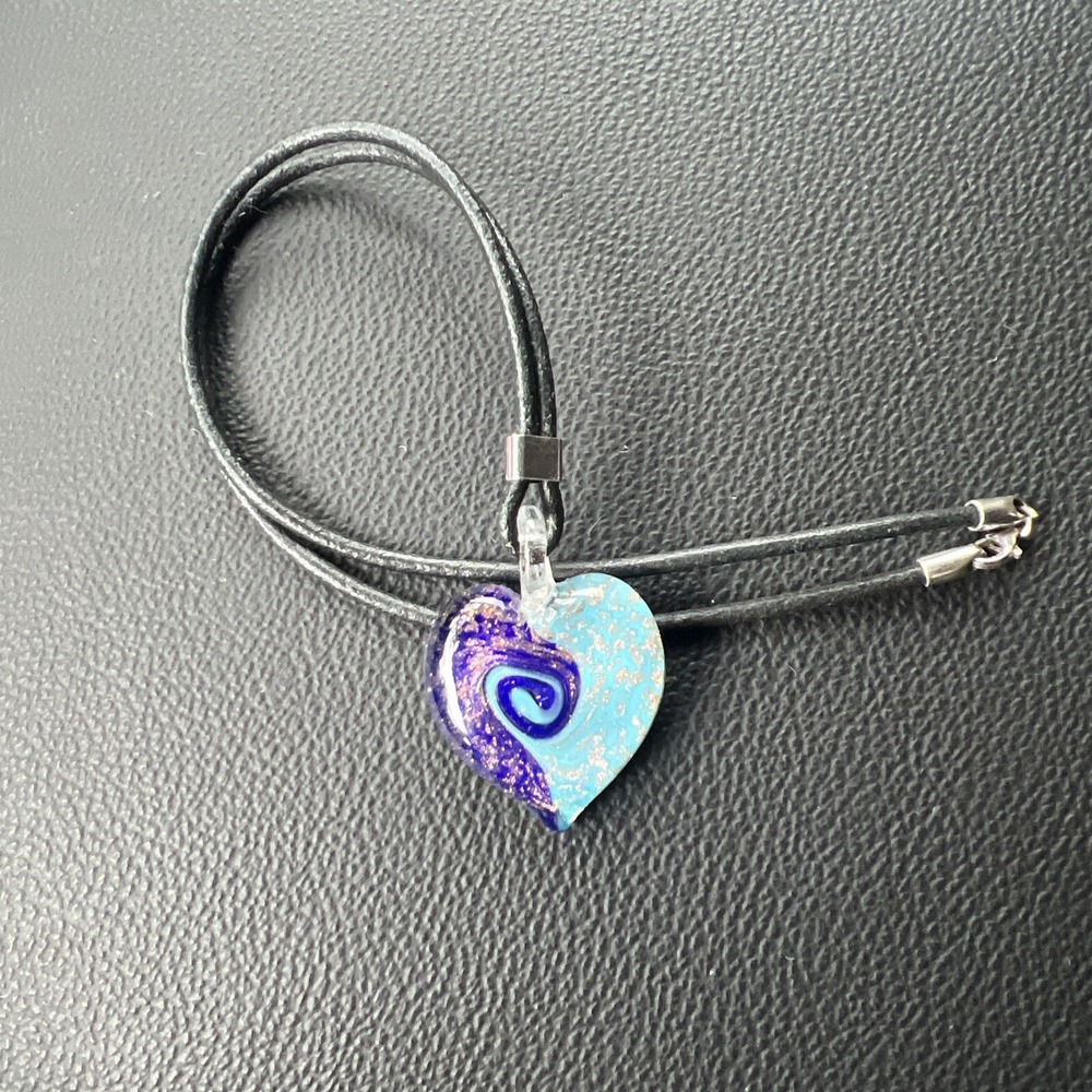 Heart Pendant Necklace Blue Turquoise Swirl Art Glass Signed 925 Sterling Clasp